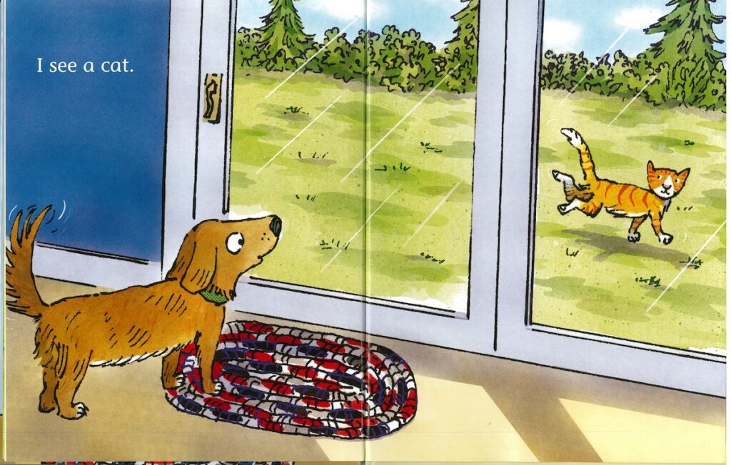 Words "I see a cat" A cartoon dog looks through a glass door at a cat.