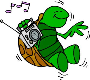 turtle holding a portable radio and dancing to the music