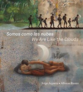 Somos como las nubes / we are like the clouds book cover, showing a girl asleep on a beach with a line of people walking in the background