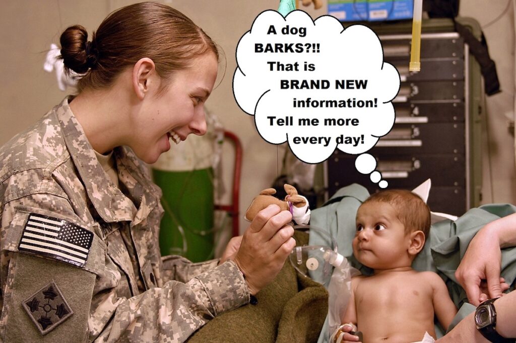 a soldier smiles and shows a small stuffed dog to an infant with wide eyes; a thought bubble shows the infant thinking "A dog BARKS?!! That is BRAND NEW information! Tell me more every day!"